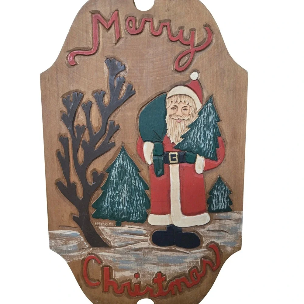 Folk Art Hand Carved & Painted Wood Merry Christmas Tree Santa  Wall Hanging 16